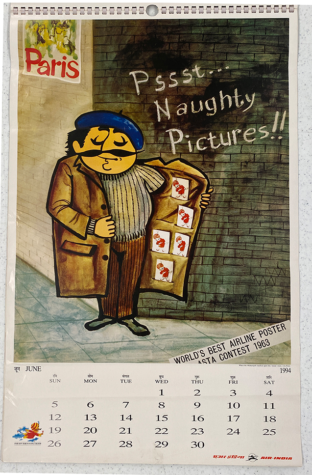 A calendar of a mustachioed figure with a beret holding his coat open showing naughty pictures.