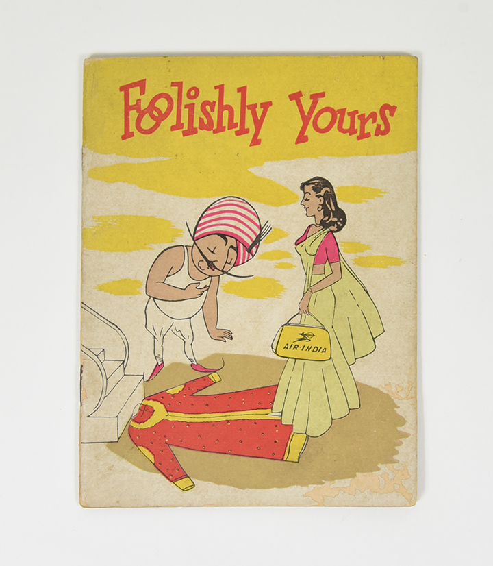 A booklet of a mustachioed figure in underclothes bowing to a woman about to walk over his clothes.