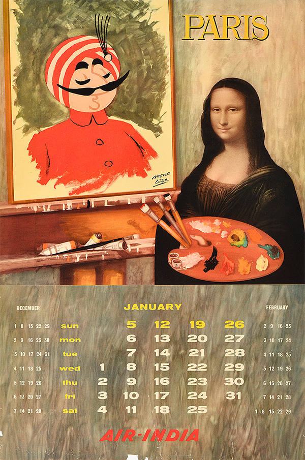 A calendar depicting the Mona Lisa painting a mustachioed figure wearing a turban.