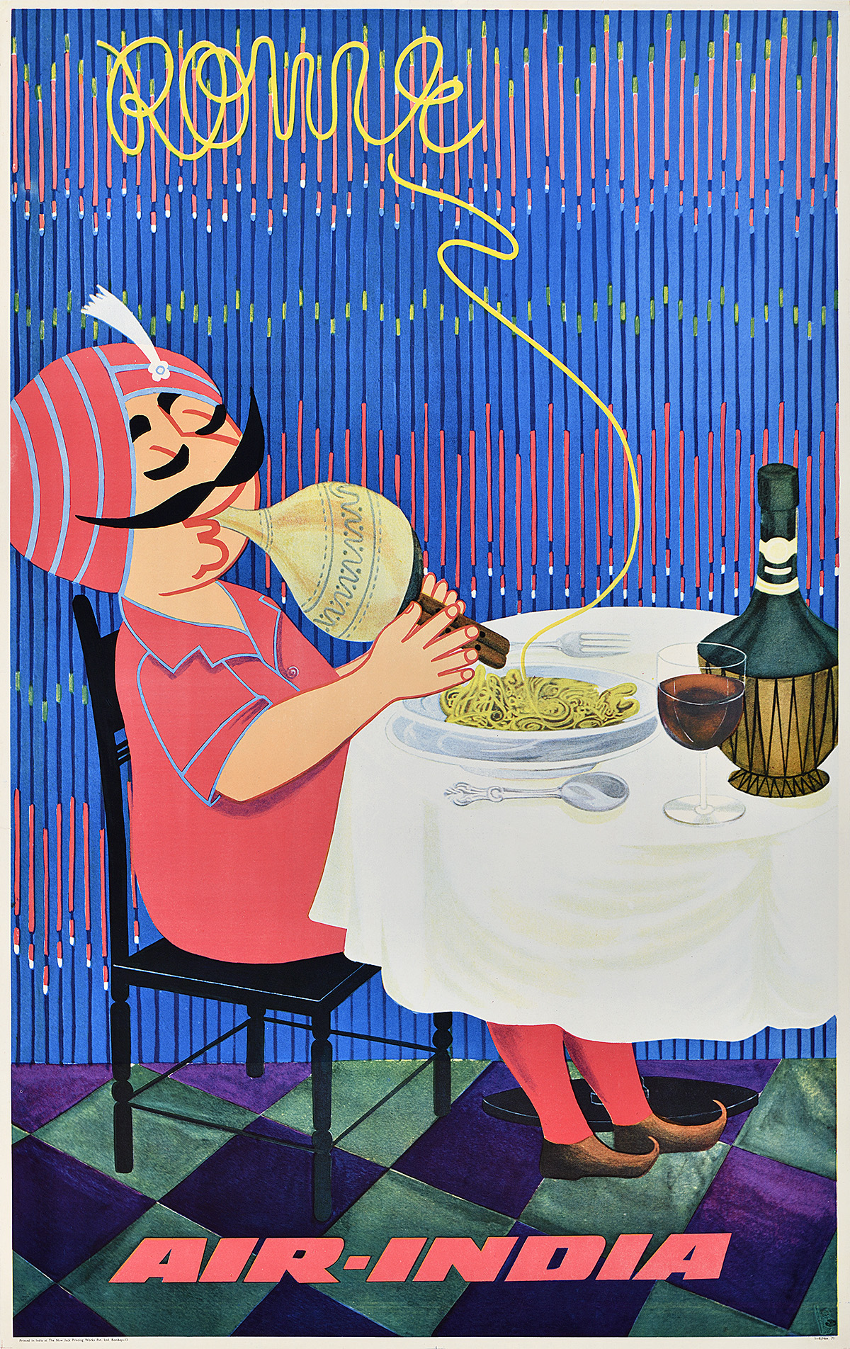 A photo-offset poster of a mustachioed figure wearing a turban playing a pungi at a restaurant.