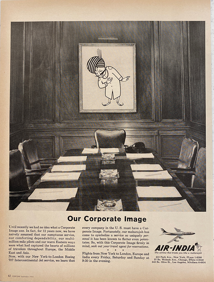 A magazine advertisement of a mustachioed figure in a painting on the wall of a boardroom.