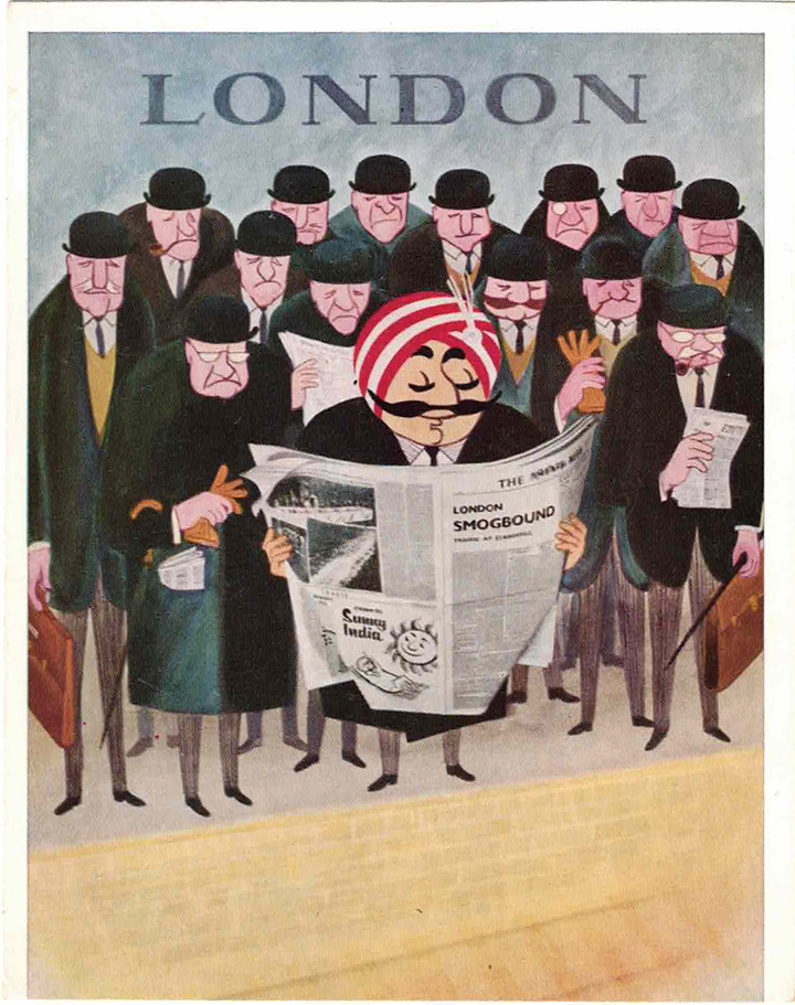 A photo-offset poster of a mustachioed figure reading a newspaper among men wearing bowlers hats.