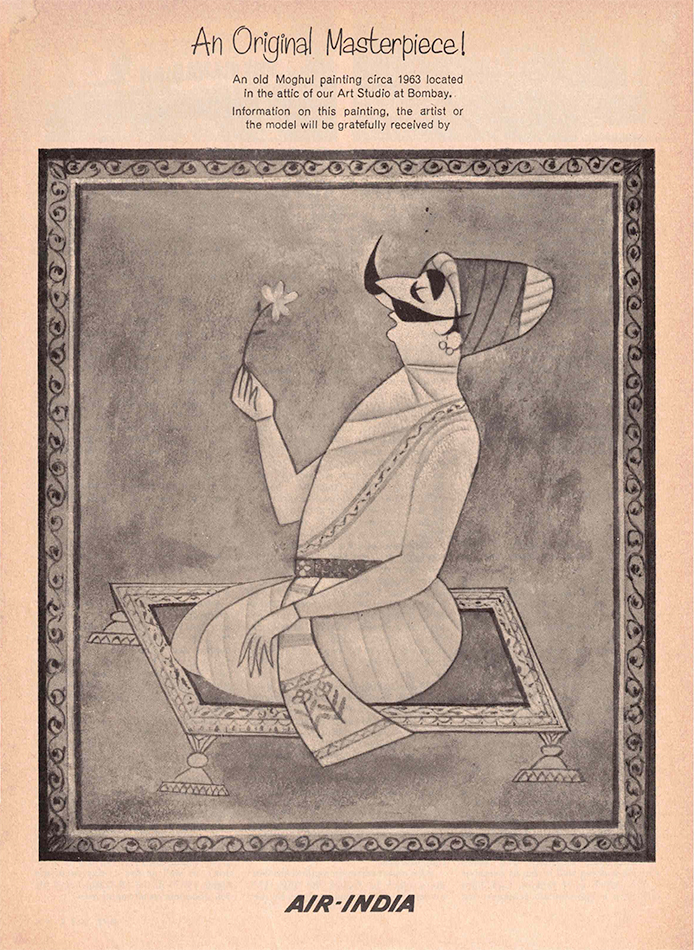 An advertisement of a mustachioed figure, sitting on a carpet and sniffing a flower.