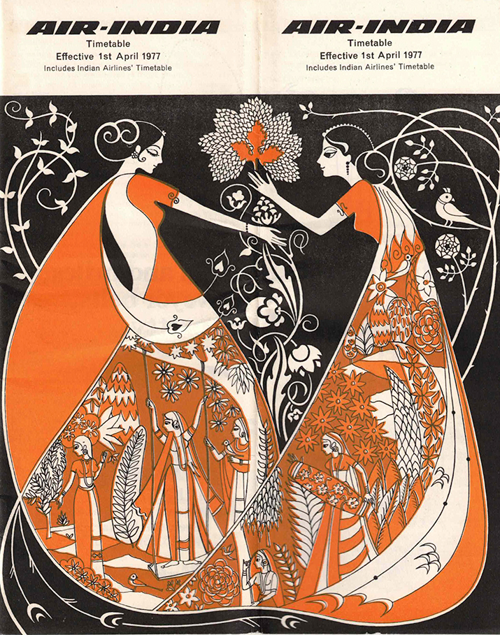 A timetable of two women with floral designs on their dresses and surrounding them.