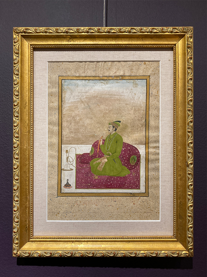 An opaque watercolor of a figure sitting on a couch holding a hookah.