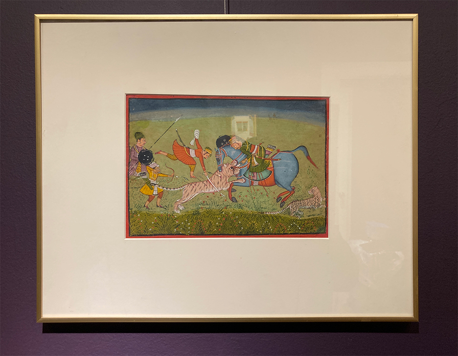 A gouache painting of a figure on a horse. Others run after wild animals to fight them.