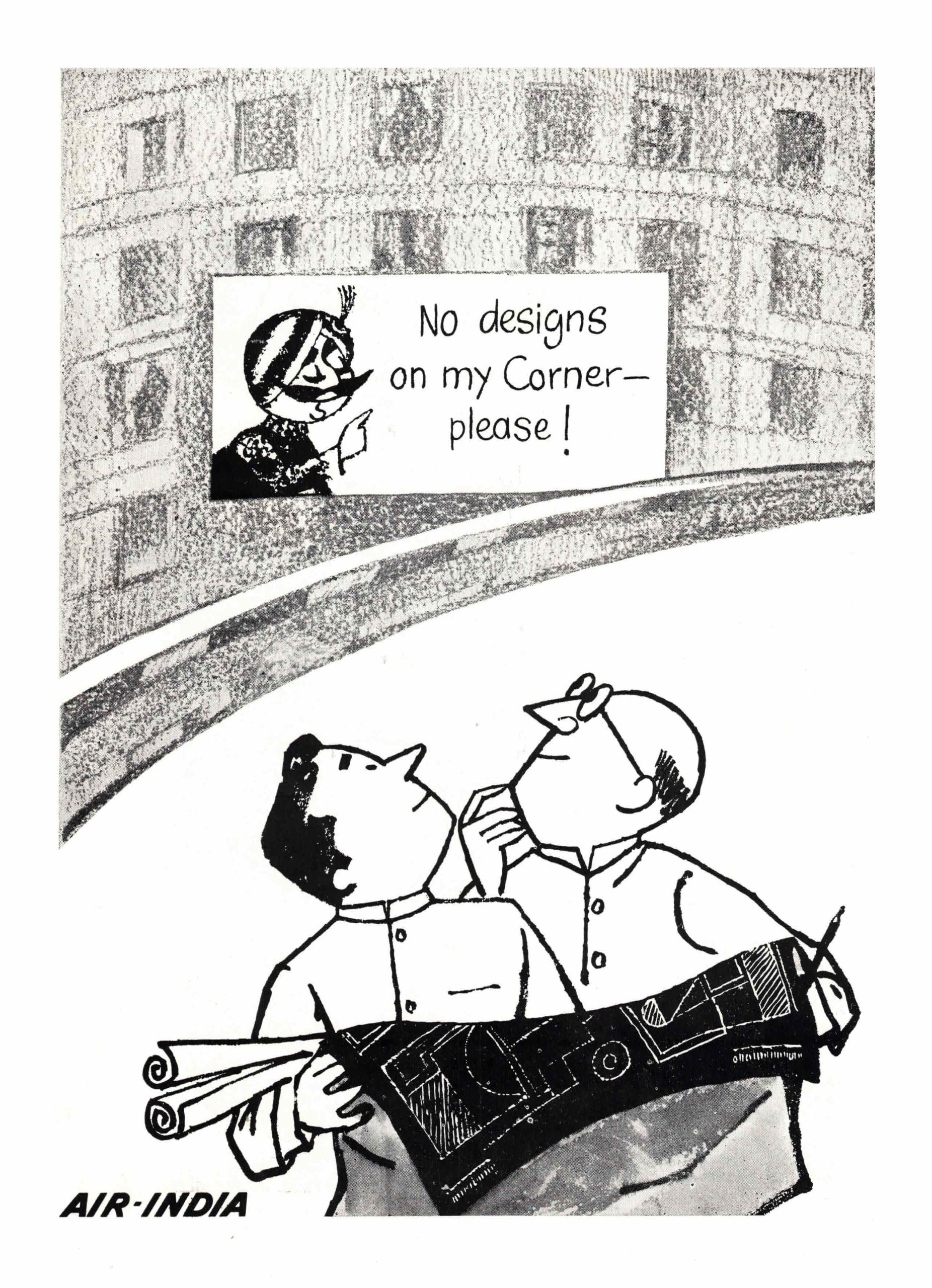 A drawing of two architects looking at a billboard with a mustachioed figure wearing a turban.