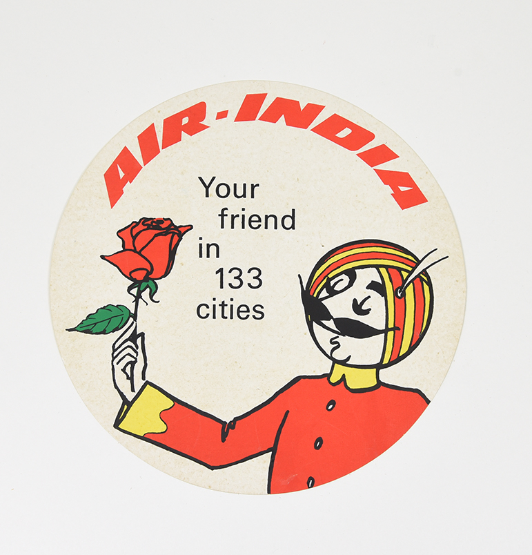 A coaster of a mustachioed figure wearing a turban holding out a rose.