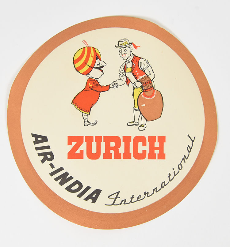 A coaster of a mustachiod figure wearing a turban shaking hands with a person from Zurich.