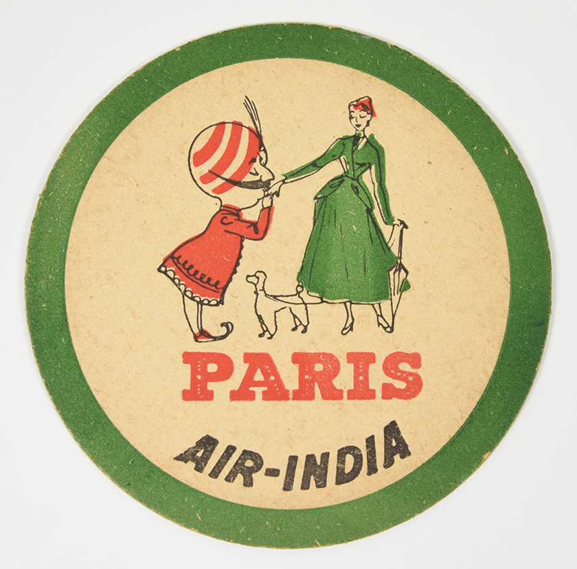 A coaster of a mustachiod figure wearing a turban kissing the hand of a woman from Paris.