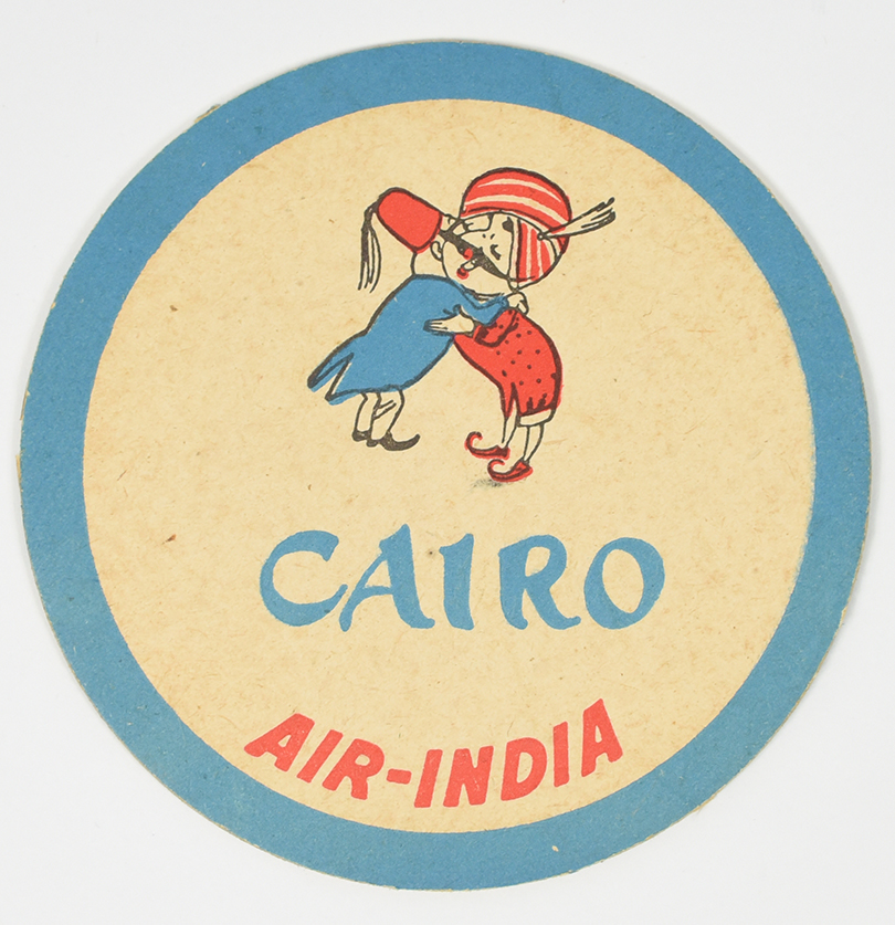 A coaster of a mustachiod figure wearing a turban hugging a person from Cairo.