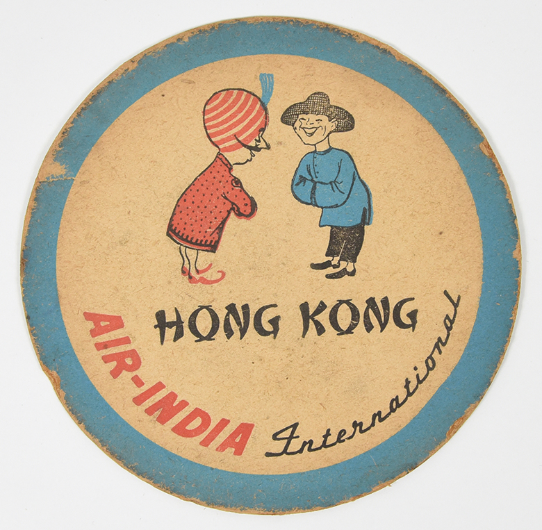A coaster of a mustachiod figure wearing a turban bowing to a person from Hong Kong, who bows back.