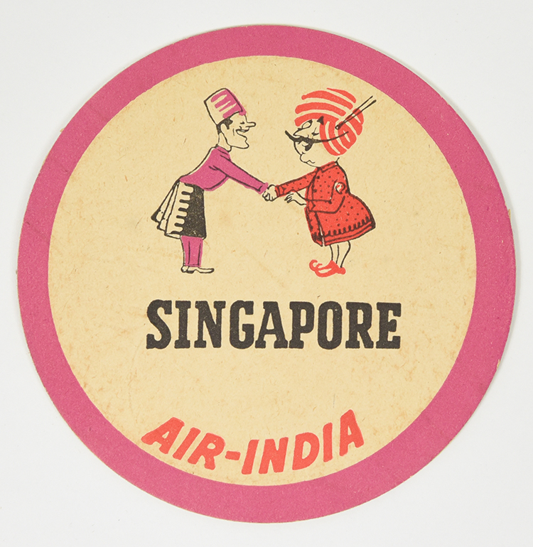 A coaster of a mustachiod figure wearing a turban shaking hands with a person from Singapore.