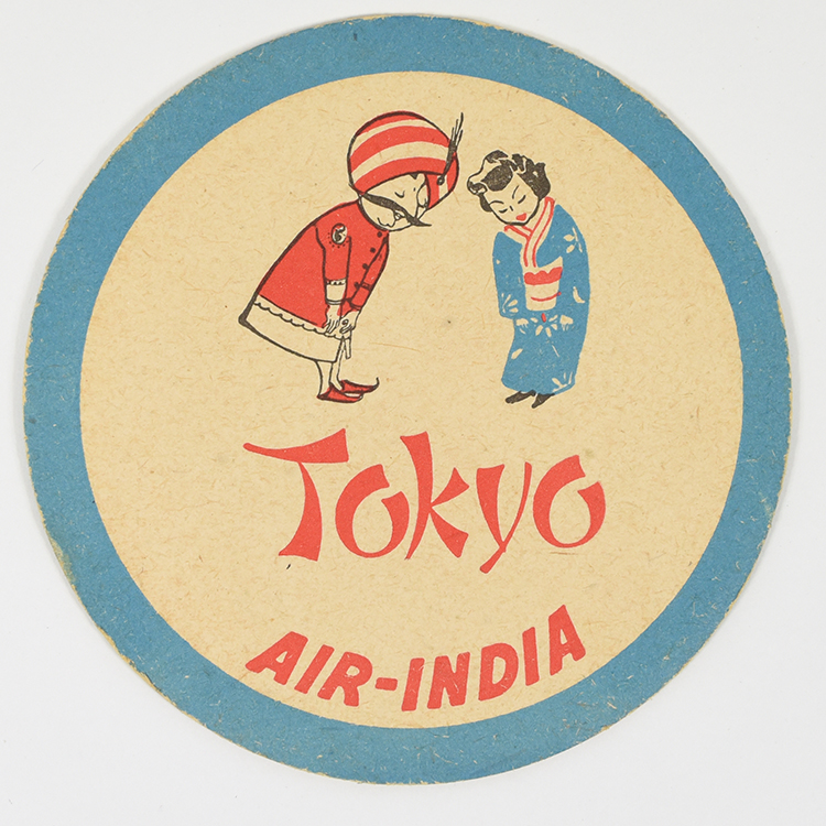 A coaster of a mustachiod figure wearing a turban bowing to a person from Tokyo, who bows back.