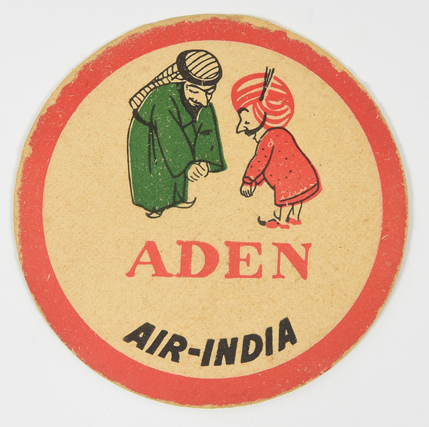 A coaster of a mustachiod figure wearing a turban bowing to a person from Aden, who bows back.