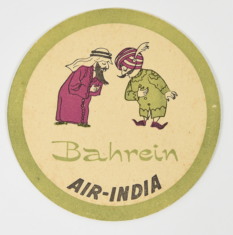 A coaster of a mustachiod figure wearing a turban bowing to a person from Bahrein who bows back.