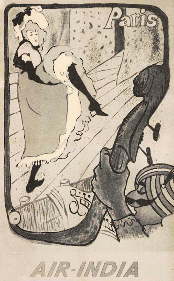 A photo-offset poster of a mustachioed figure playing an upright bass in an orchestra pit below a cancan dancer.