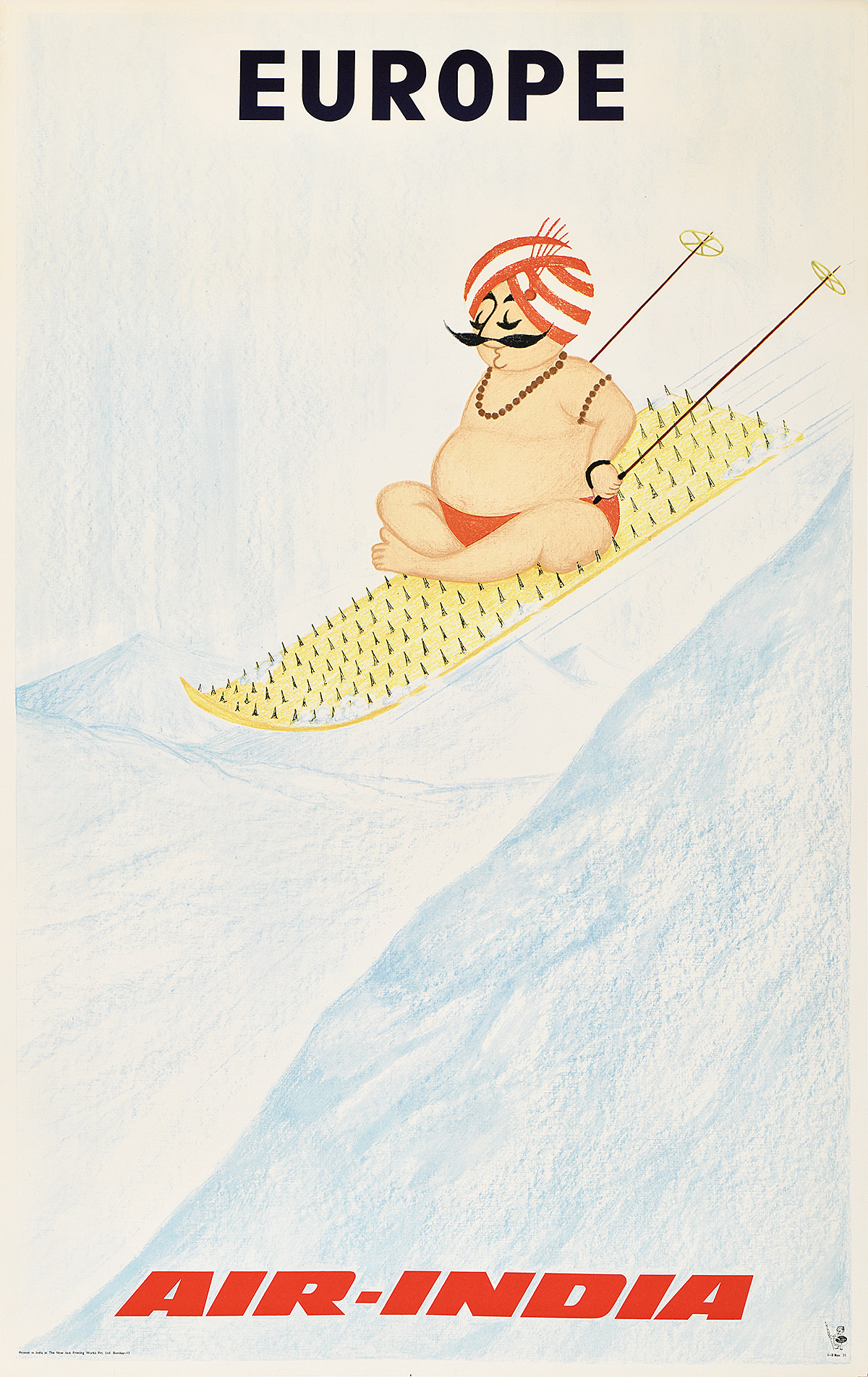 A photo-offset poster of a mustachioed figure wearing a turban sledding down a snowy mountain.