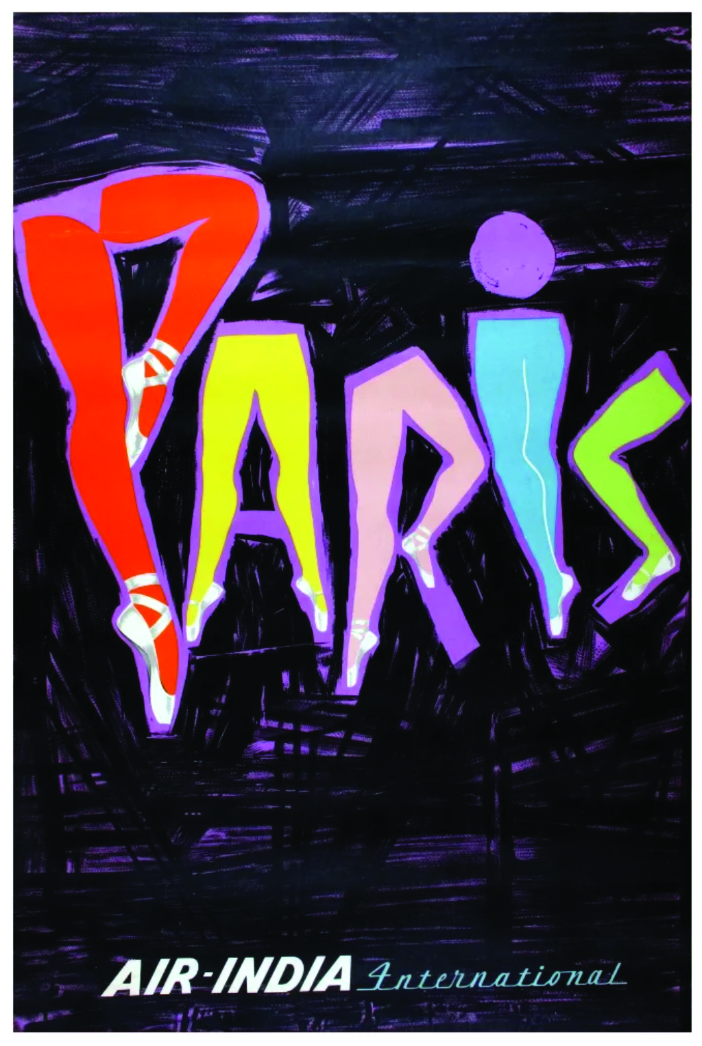 A photo-offset poster of multicolored ballerina legs forming the words, “Paris.”