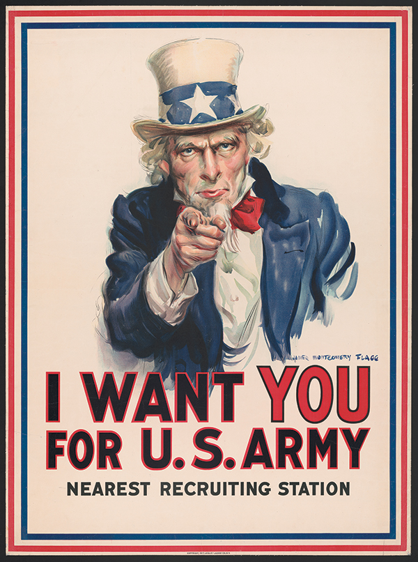 A lithographic poster of Uncle Sam, a man in a suit and top hat, pointing his finger at the viewer.