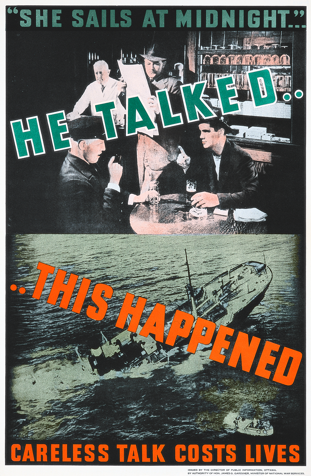 A photo-offset poster of two images: Multiple figures talking in a tavern and a sinking ship.