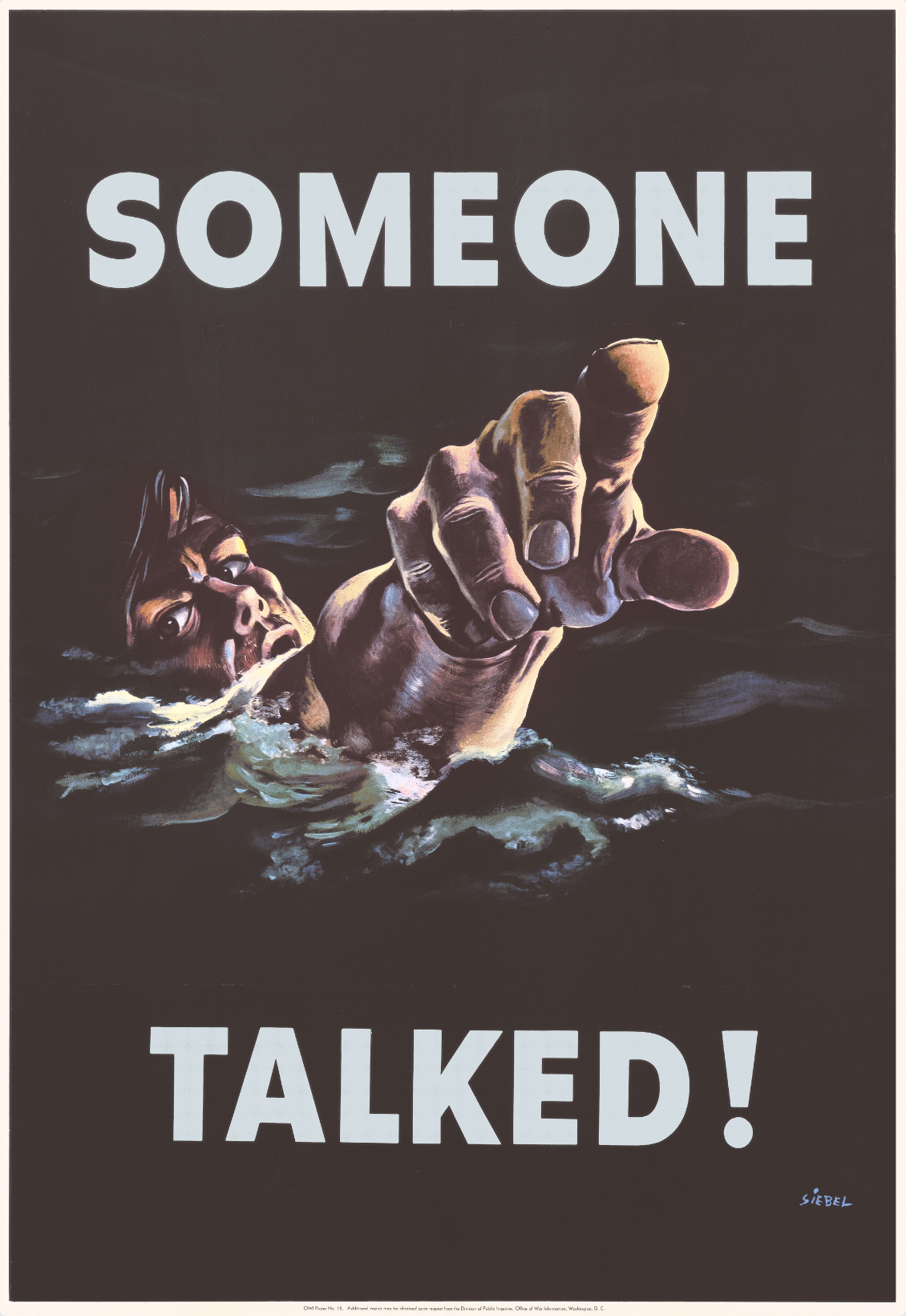 A photo-offset poster of a drowning figure pointing their finger directly at the viewer.