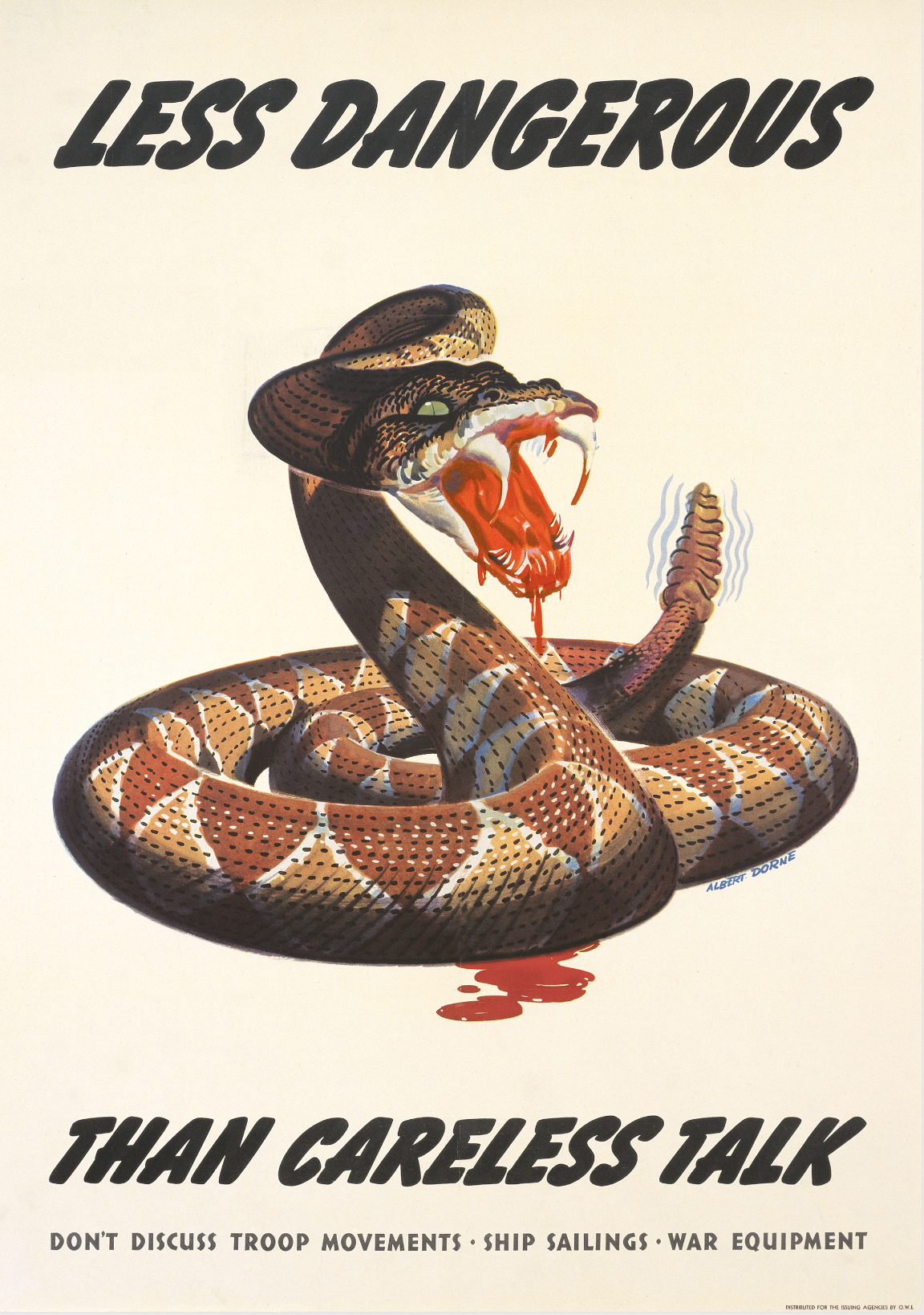 A photo-offset poster of a rattlesnake rattling its tail with blood dripping from its mouth.