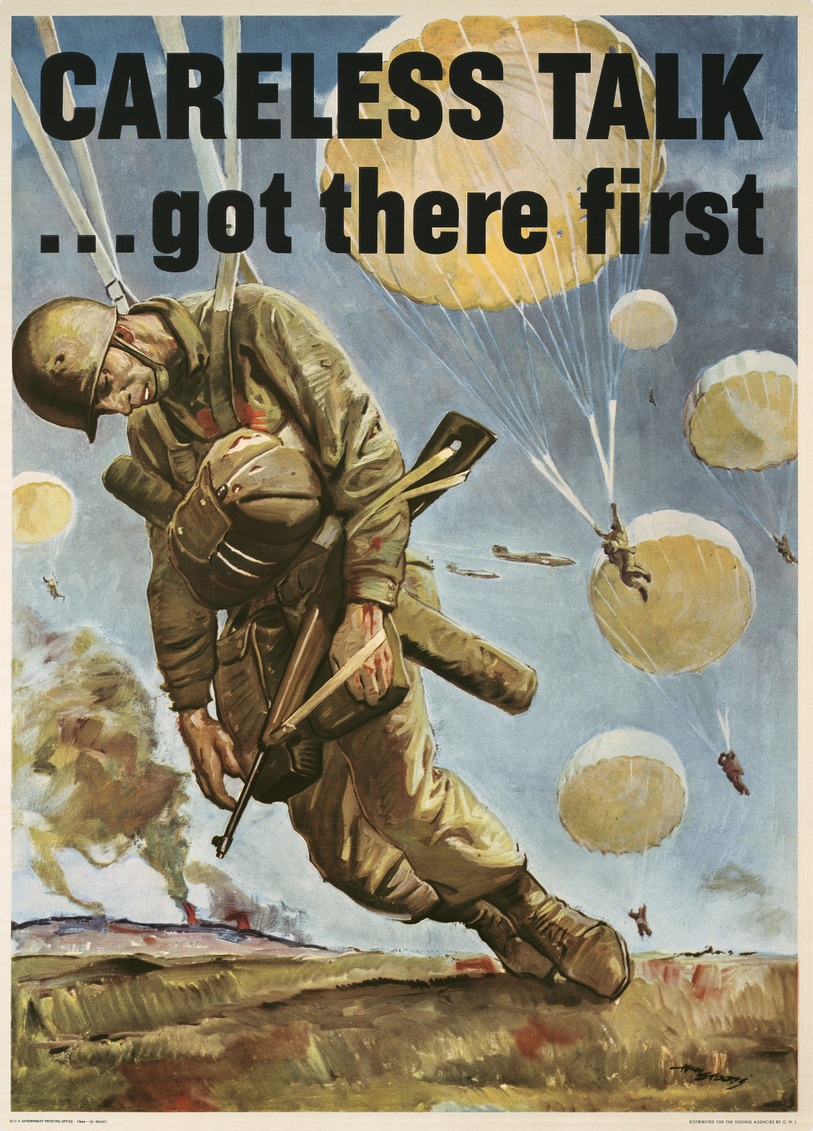 A photo-offset poster of a dead soldier hanging from a parachute, surrounded by other parachutes.