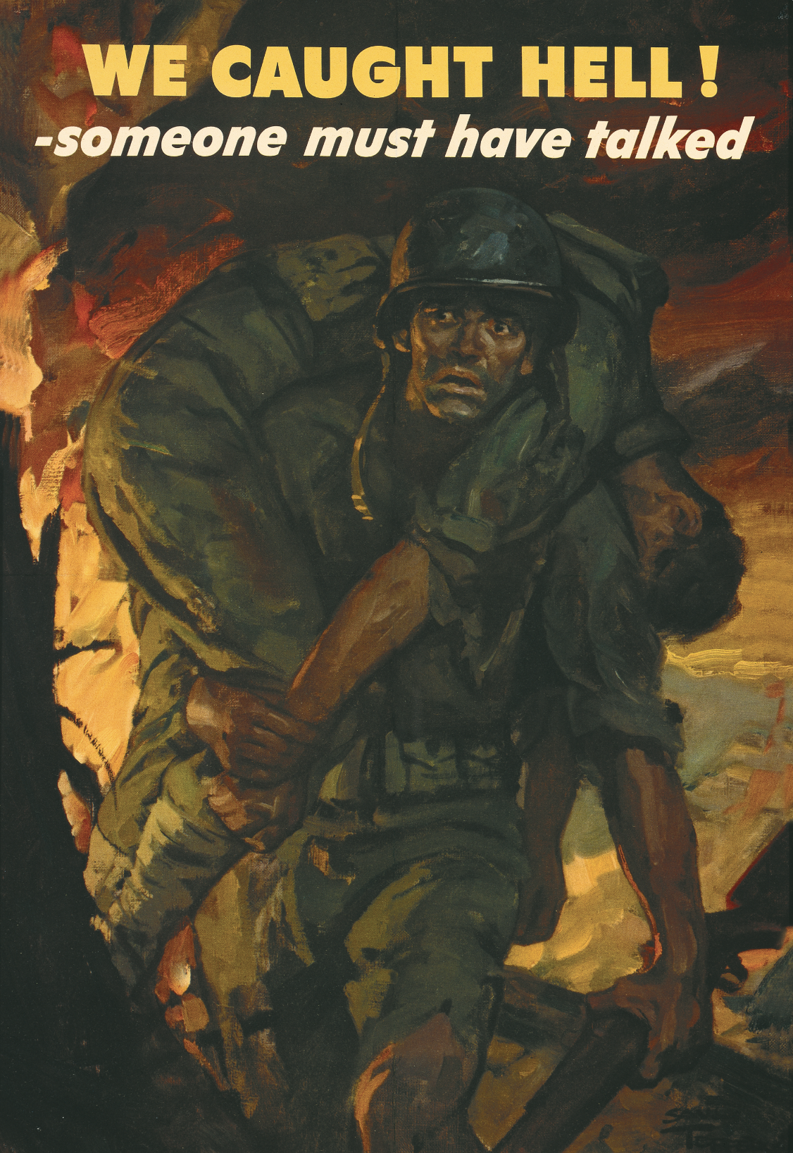 A photo-offset poster of a solider carrying another soldier on his back, surrounded by fire.