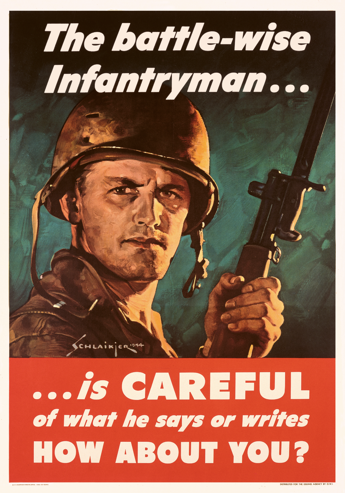 A photo-offset poster of a soldier in action, holding a gun looking seriously at the viewer.