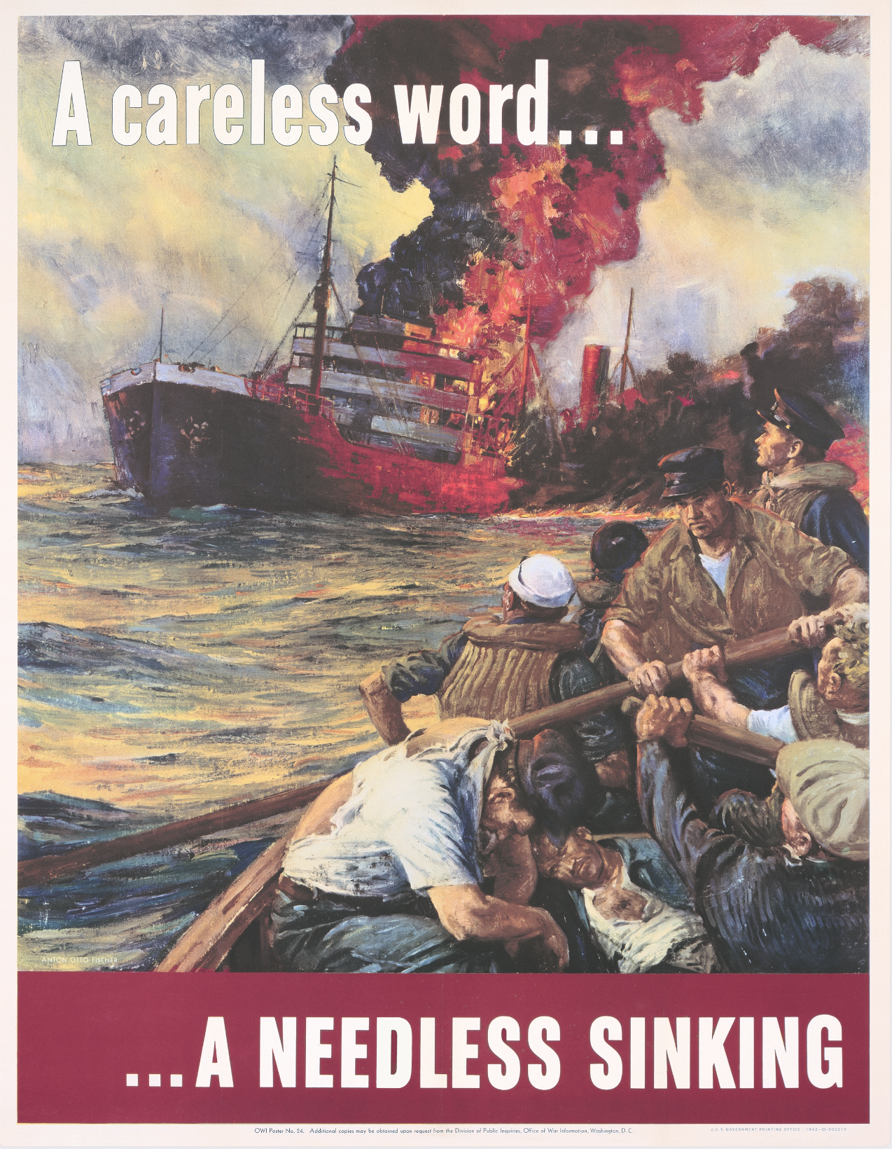 A photo-offset poster of a large boat burning down. Another boat full of sailors paddles away.