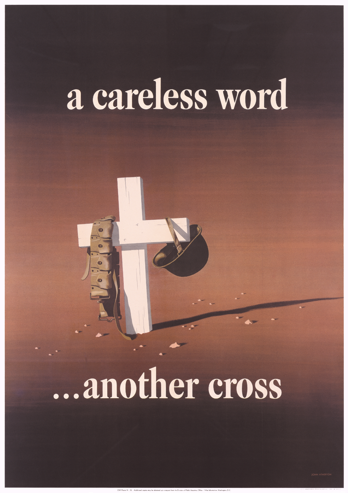 A photo-offset poster of a cross in a desert with a solider's helmet and ammo belt on it.