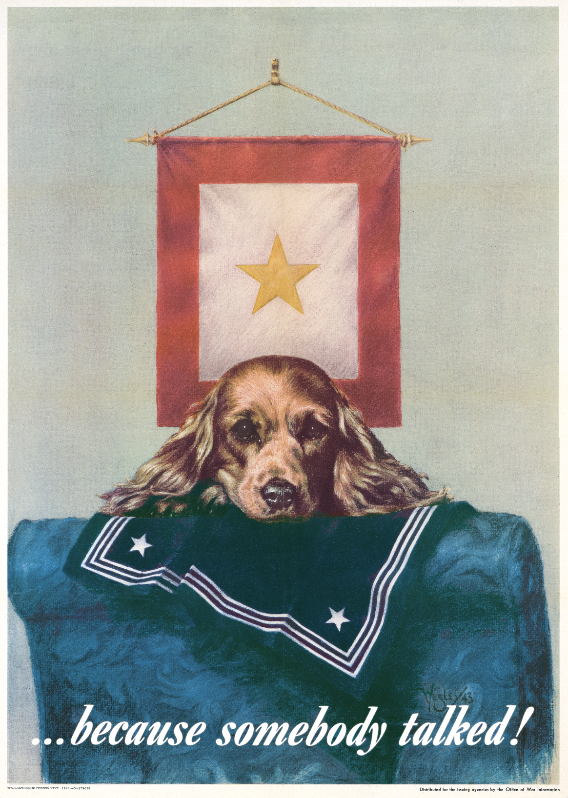 A photo-offset poster of a dog laying sadly on lounge chair with a sailor's uniform on it.
