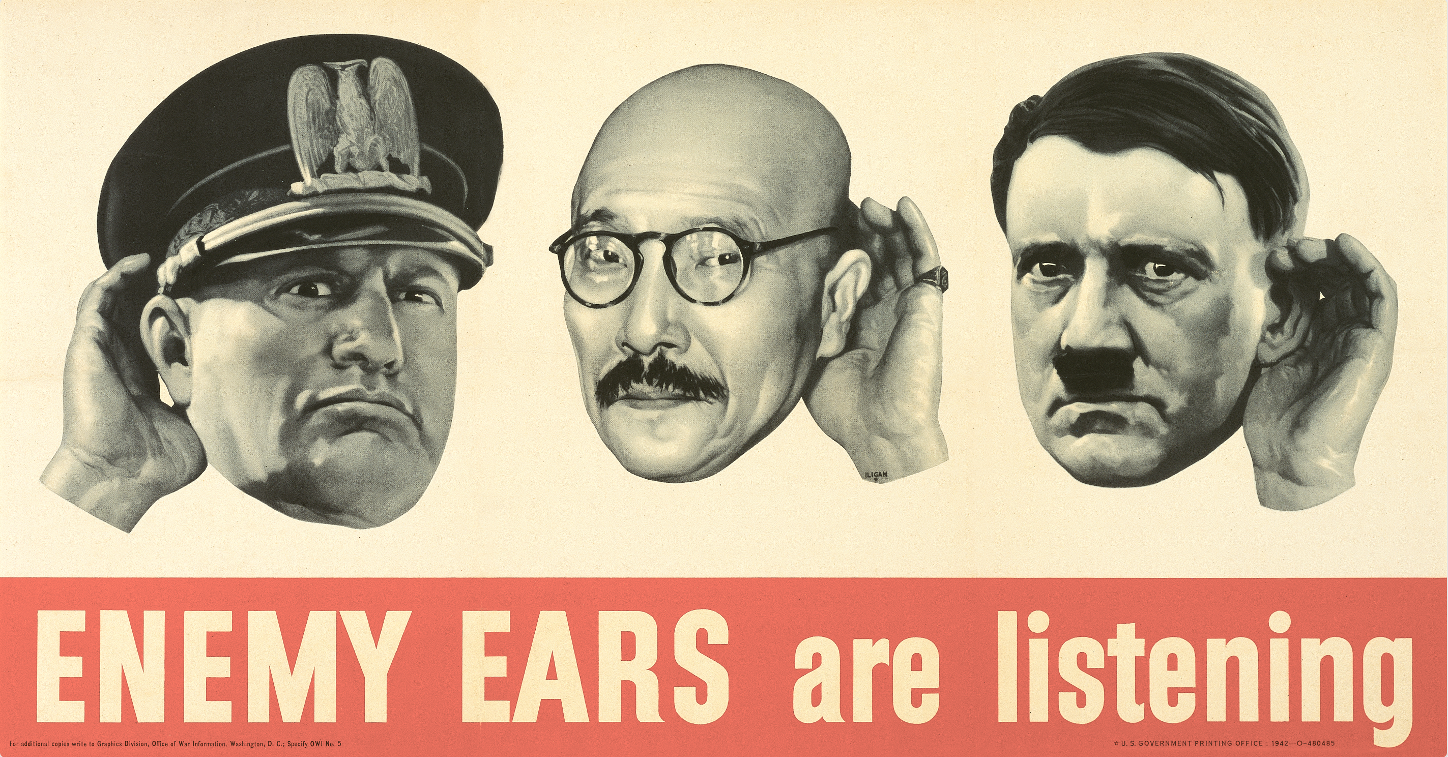 A photo-offset poster of multiple military leaders with their hands up to their ears, listening.