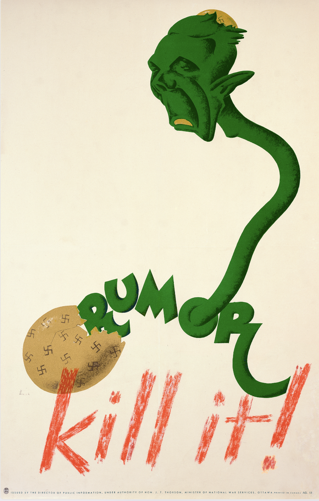 A photo-offset poster of a cracked swatsika egg with a snake creature with a goblin head exiting.