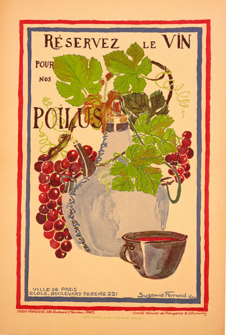 A lithographic poster of a jug of wine and a cup surrounded by purple grapes.