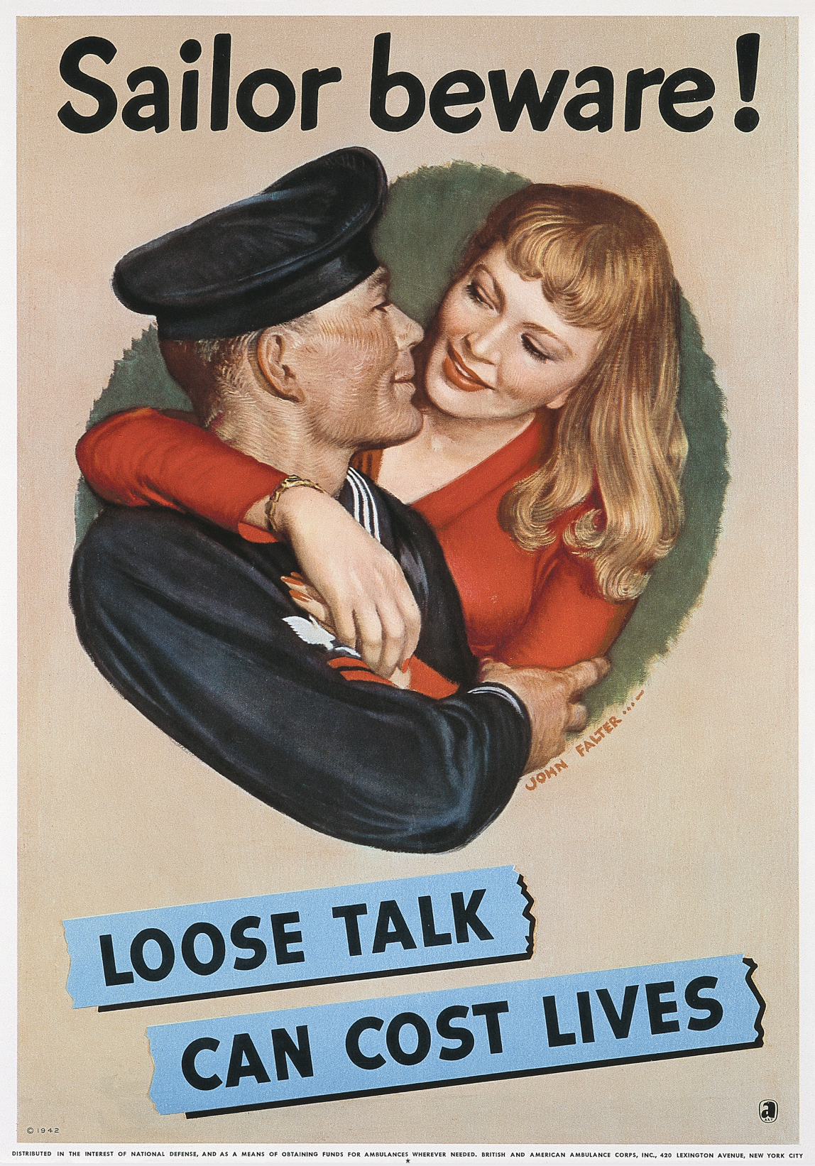 A photo-offset poster of a woman with her arms around a sailor. They gaze into each other's eyes.