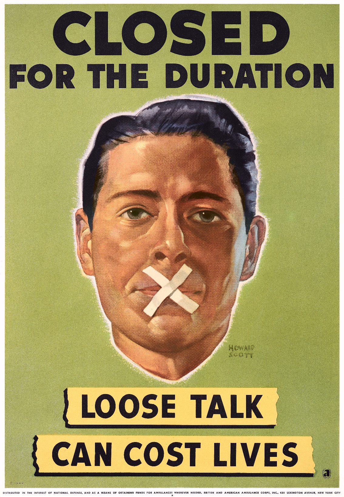 A photo-offset poster of a man's face with an X across his lips.