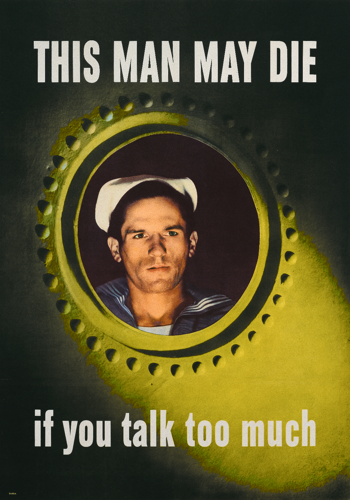 A photo-offset poster of a sailor looking grim in a lit window.