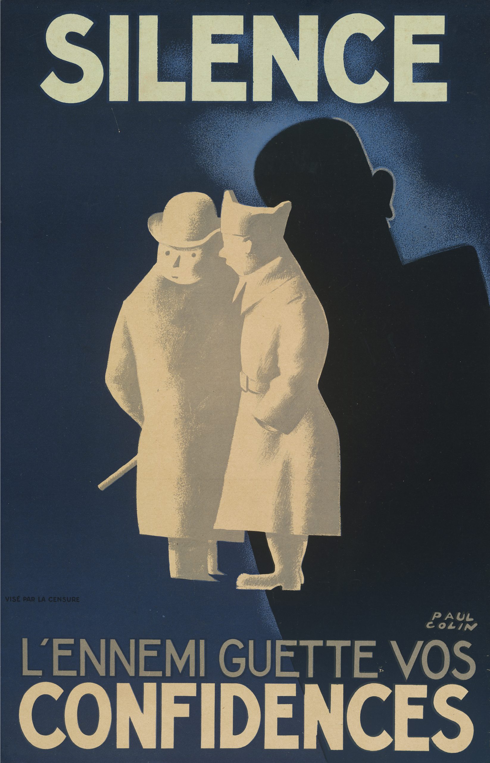 A photo-offset poster of a soldier whispering to a citizen while a shadow watches.
