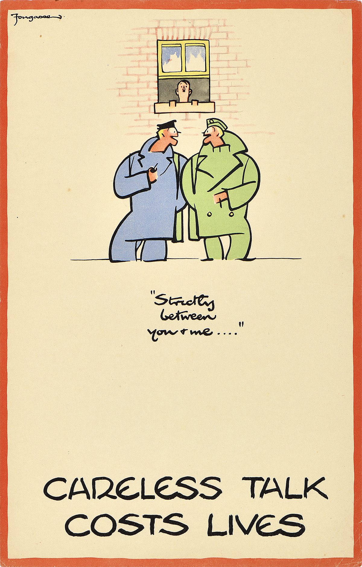 An illustrational poster of two figures talking to each other under a figure in a window.