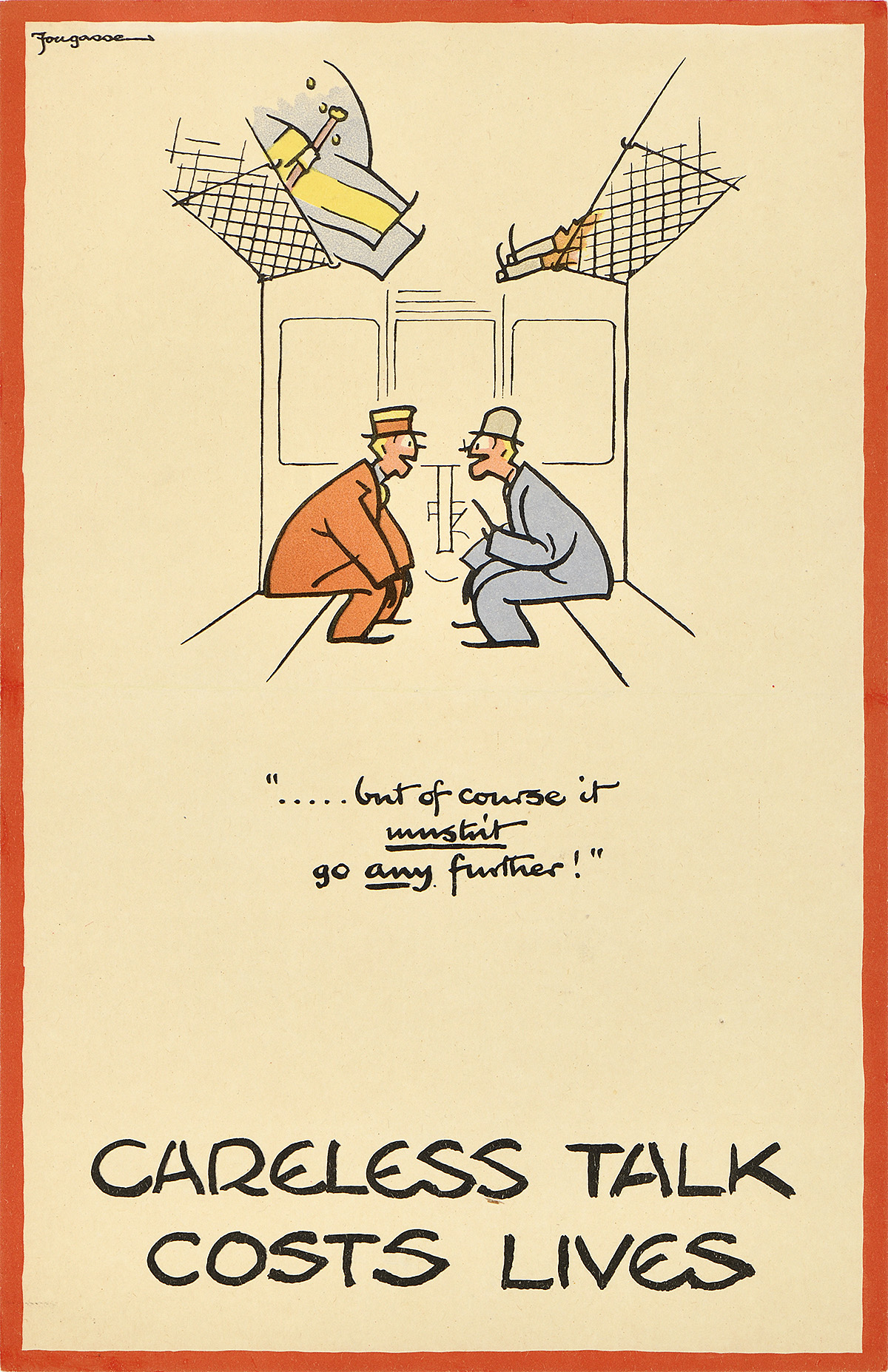 An illustrational poster of two figures in a train car leaning in and talking to each other.