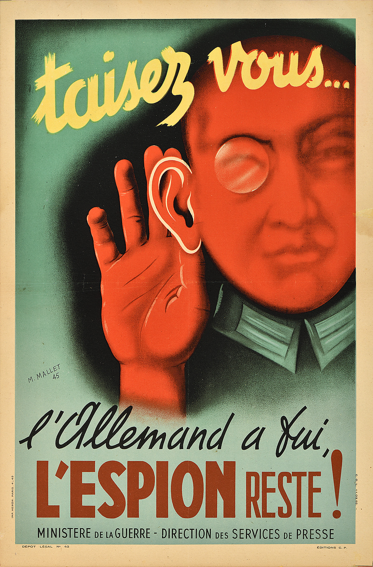 A photo-offset poster of a figure holding his hand up to his ear. He wear a monocole.