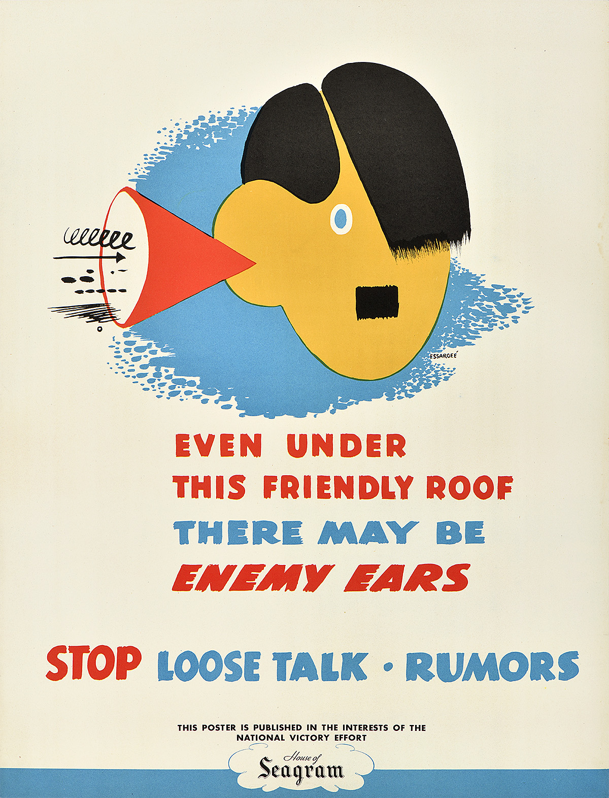 An illustrational poster of Hitler listening to a funnel of words flying in to his ear.