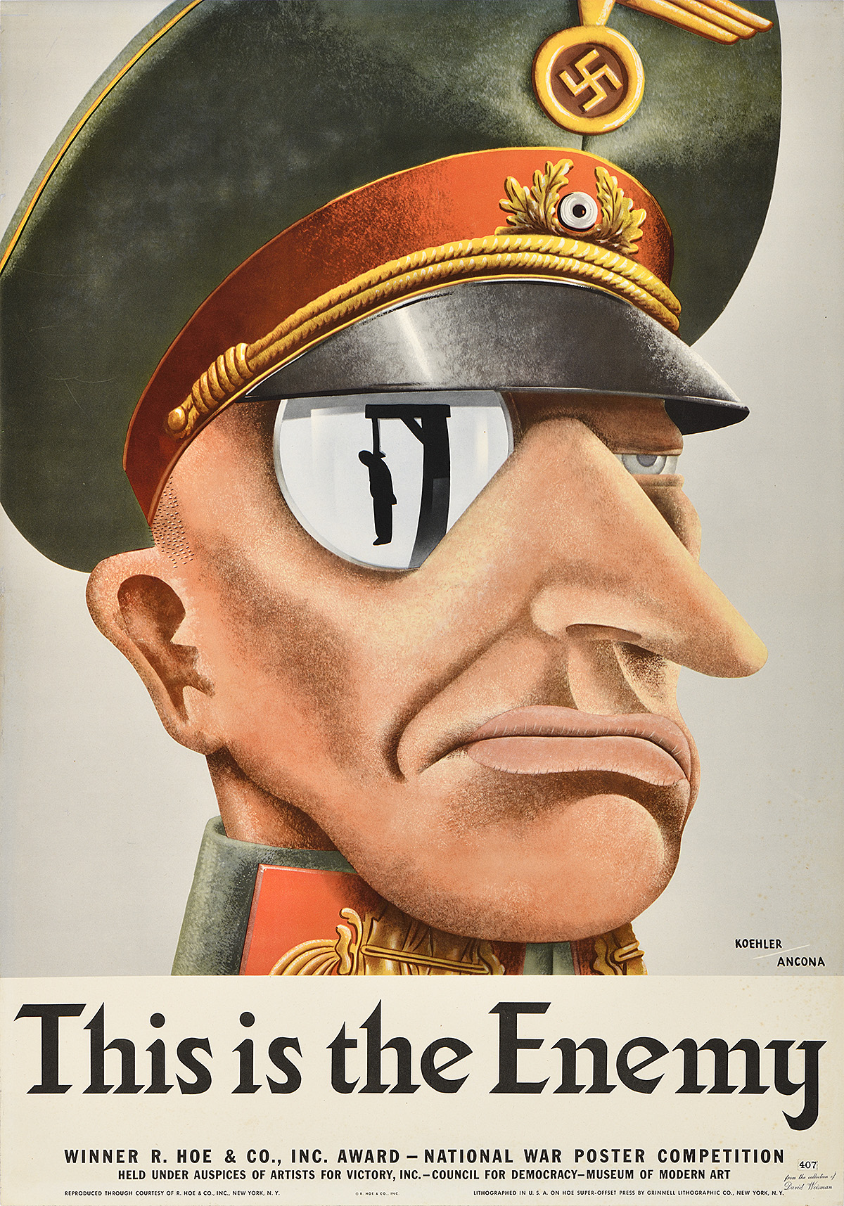 A photo-offset poster of a Nazi soldier wearing a monacle with a hanged person in the reflection.