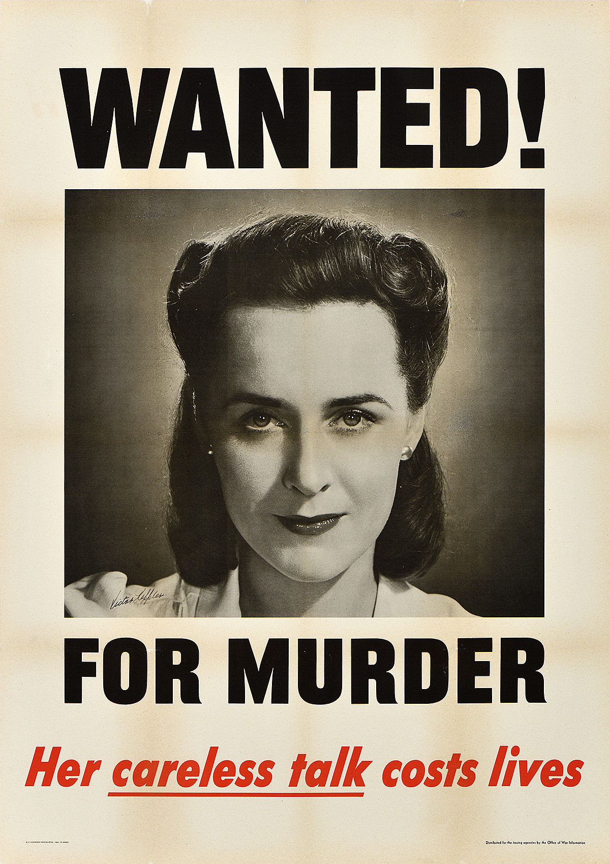 A photo-offset wanted poster of a woman with styled hair and makeup, with a closed lip smile.