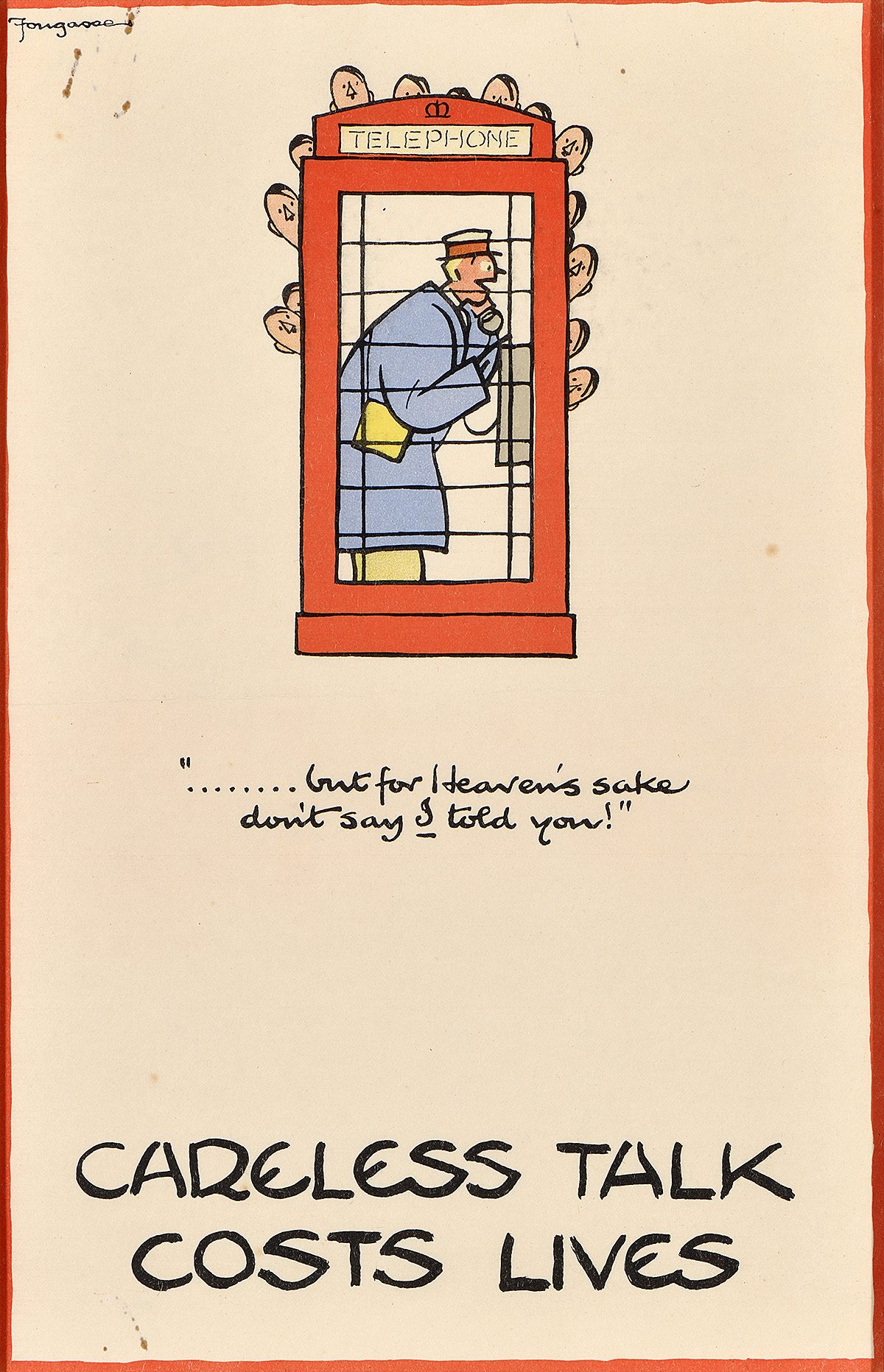 An illustrational poster of a figure talking in a red phone booth with heads looking from the top.