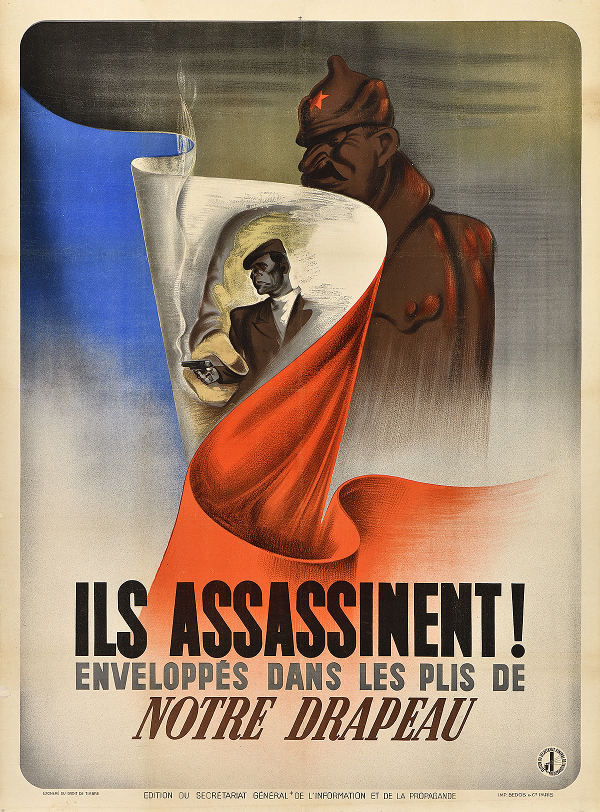 A photo-offset poster of a soldier shooting a gun with a citizen. The French flag divides the two.