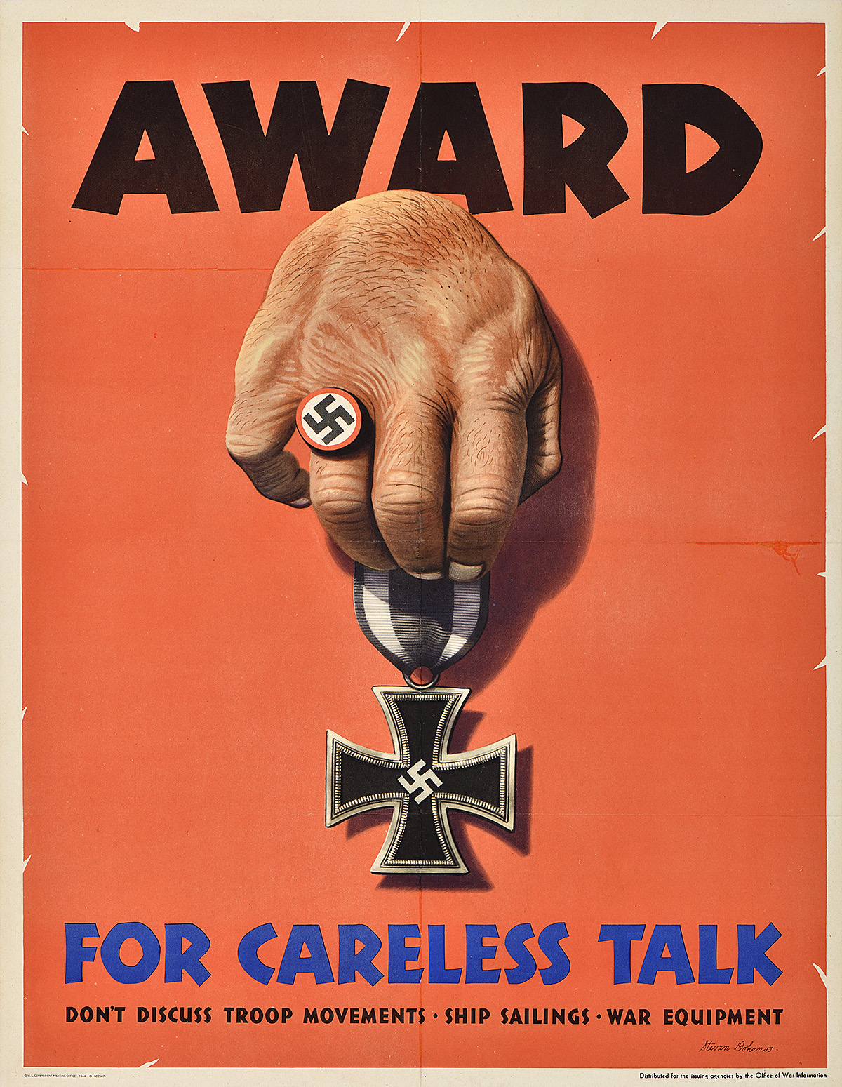 A photo-offset poster of a hand wearing a swatsika ring holding a swatsika medal.