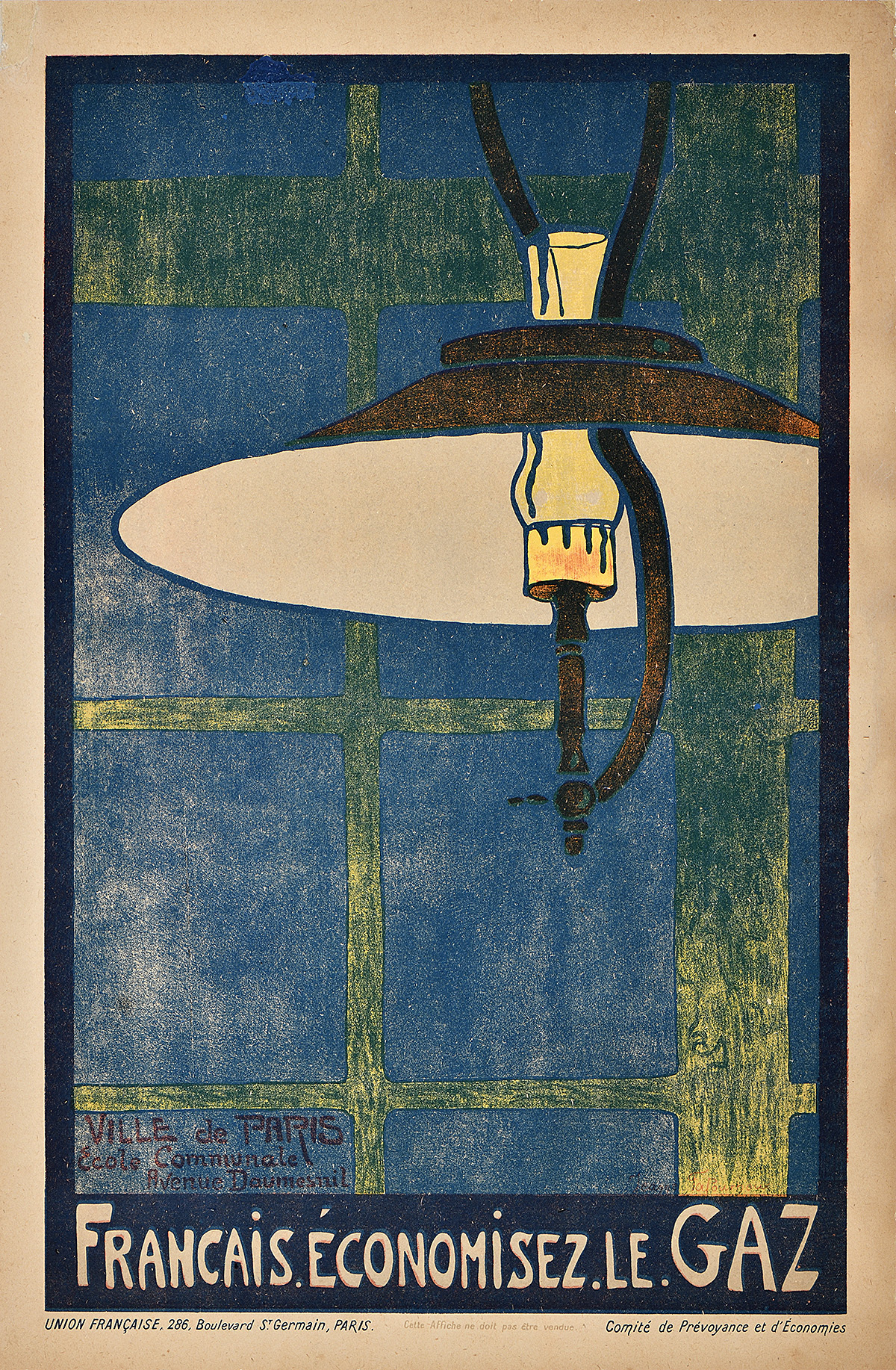 A lithographic poster of a lamp hanging in front of a blue and yellow criss crossed background.